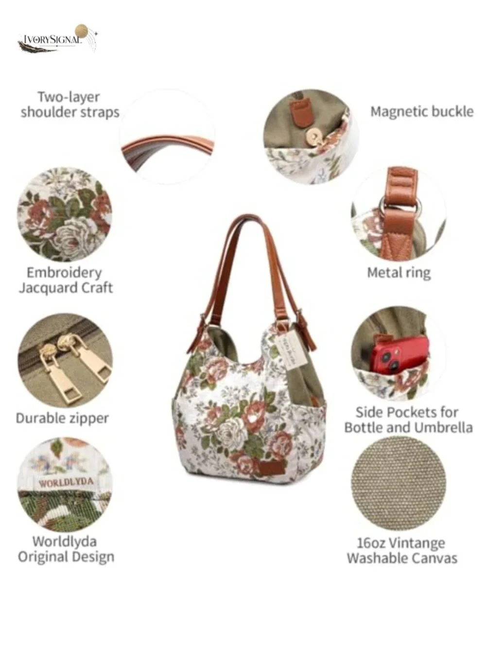 Canvas Hobo Purse with Multi Pockets, Embroidery Ethnic Design, Top Handle